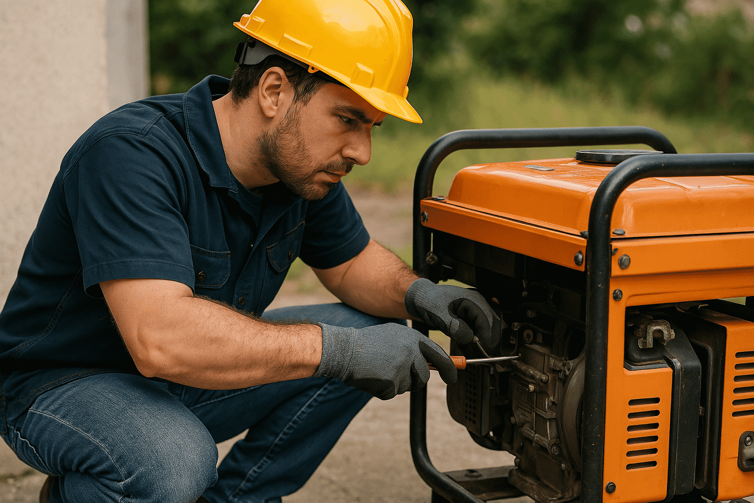 A technician working on a generator engine