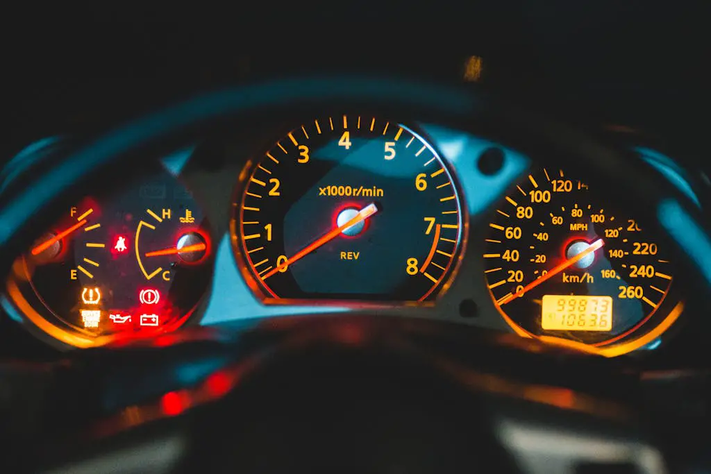 Closeup of tachometer near speedometer and oil pressure gauge on colorful dashboard in modern car